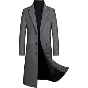 Men's Gray Coat Notch Lapel Single Breasted Quilted Cotton Winter Trench